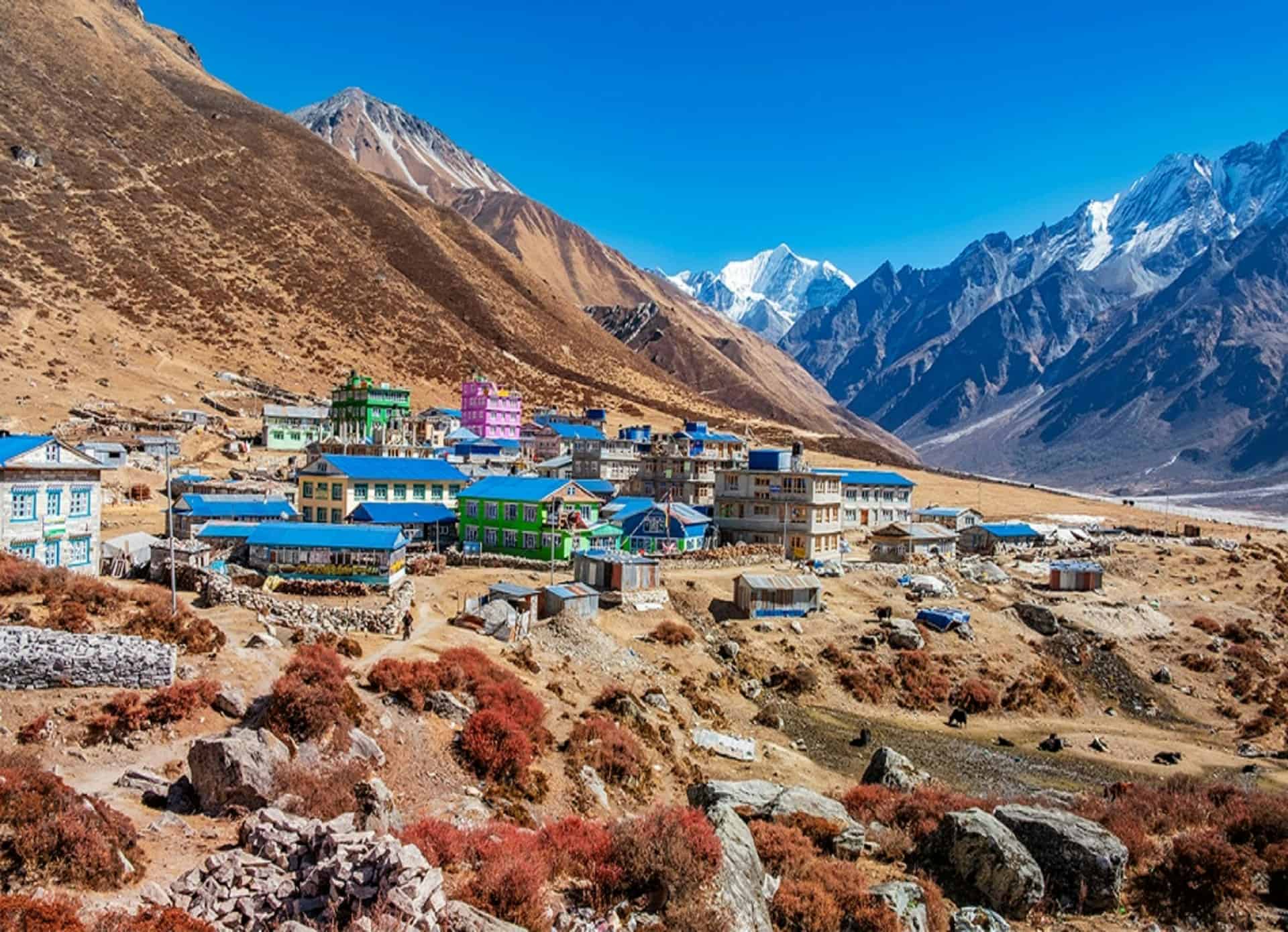 Himalayan Village Surrounded by Snow Capped Peaks