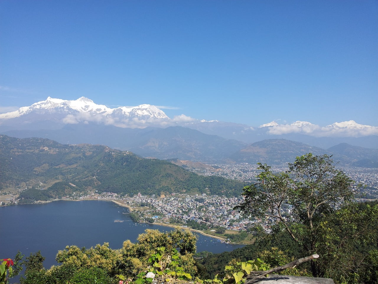 Pokhara lake with mountains in background