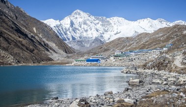 Lake with mountain in background